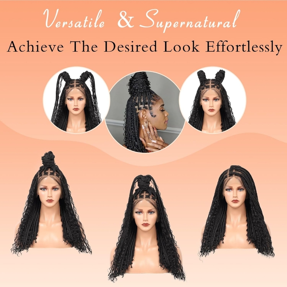 Jet Black Boho Box Braids Wig - Full Lace Handmade - Picture 3 of 6